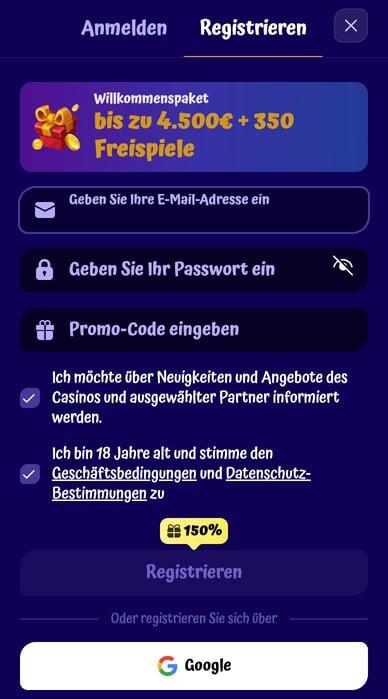 Registrierung Spielers im Spin Granny Casino