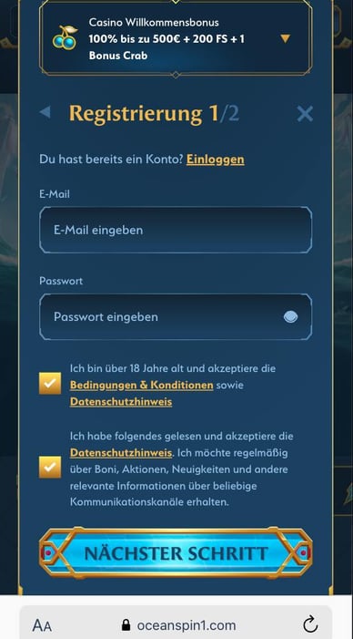 Schritt-für-Schritt-Registrierung Registrierung eines Spielerkontos bei Ocean Spin Casino