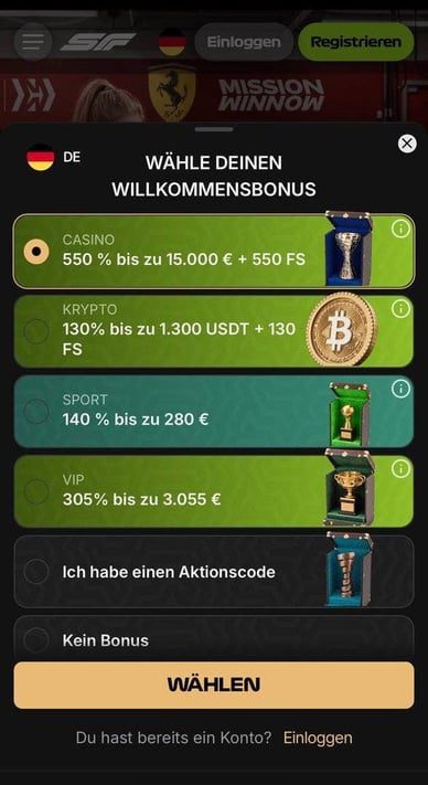 Der SpinFormula Casino Willkommensbonus Bonusangebot für neue Spieler im SpinFormula Casino