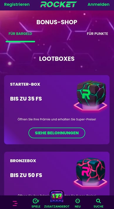 Bonus-Shop im Casino Online Rocket Casino mit Bonus Shop