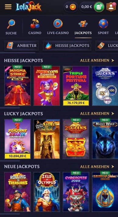 Jackpot Spiele im Casino Lolajack Jackpot Spiele