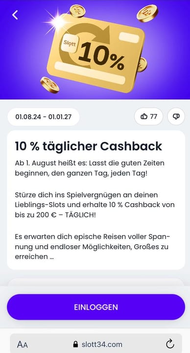 10 % täglicher Cashback im Casino Slott
