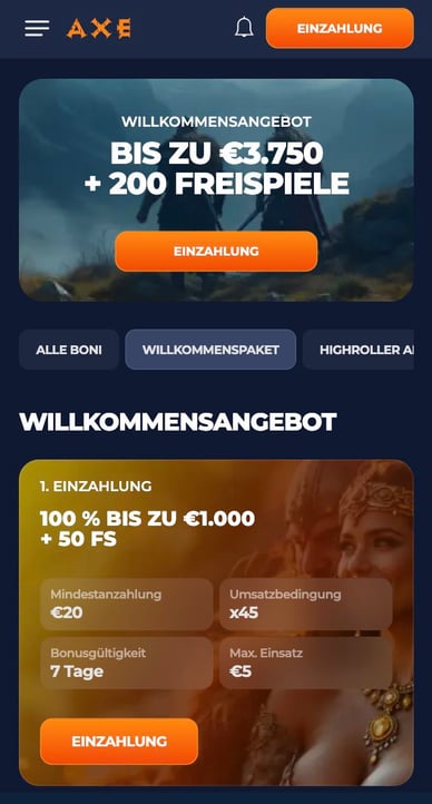 Willkommenspaket Willkommenspaket für Axecasino Spieler