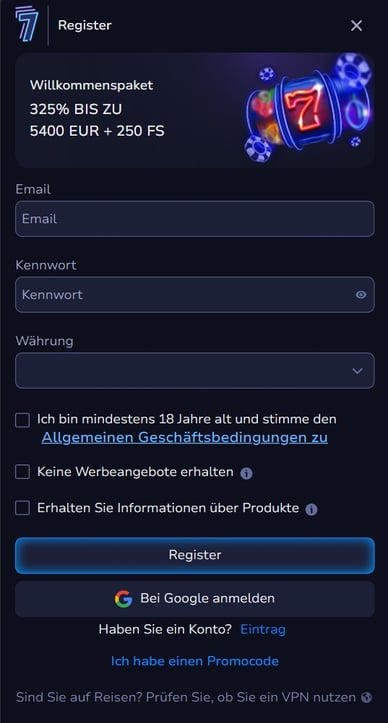 Registrierung Casino 7bit
