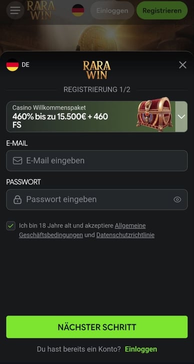 Anmeldung im Casino Registrierung im RaraWin Casino