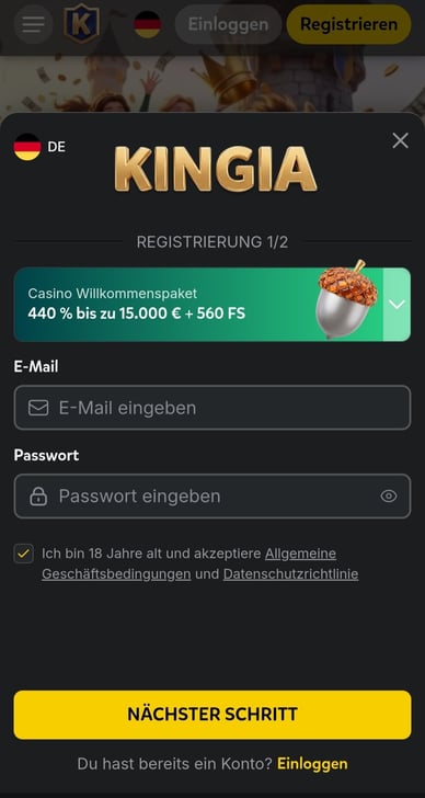 Anmeldung im Casino Registrierung im Kingia Casino