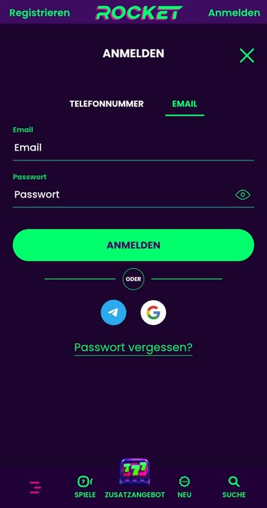 Anmeldung im Casino Login im Rocket Casino