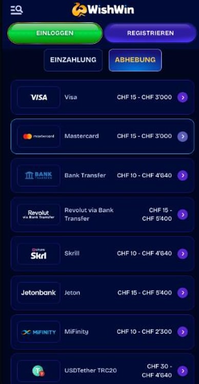 Casino-WishWin Auszahlungen