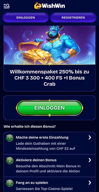 Willkommensbonus von Online Casino Wishwin