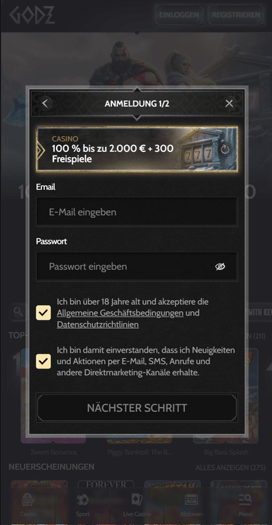 Registrierung im Godz Casino