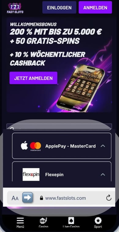 Fastslots Casino, das Einzahlungen über Apple Pay akzeptiert