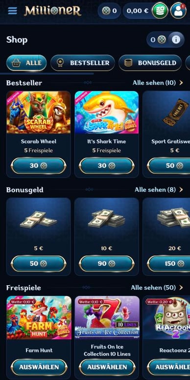 Boni Shop im Casino Millioner-Casino Boni Shop