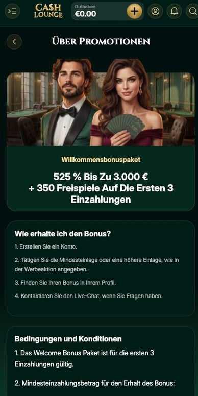 Willkommensbonus Paket im Casino Willkommensbonus in CashLounge Casino
