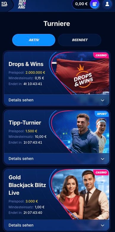 Turniere in Boomerang-Bet Casino