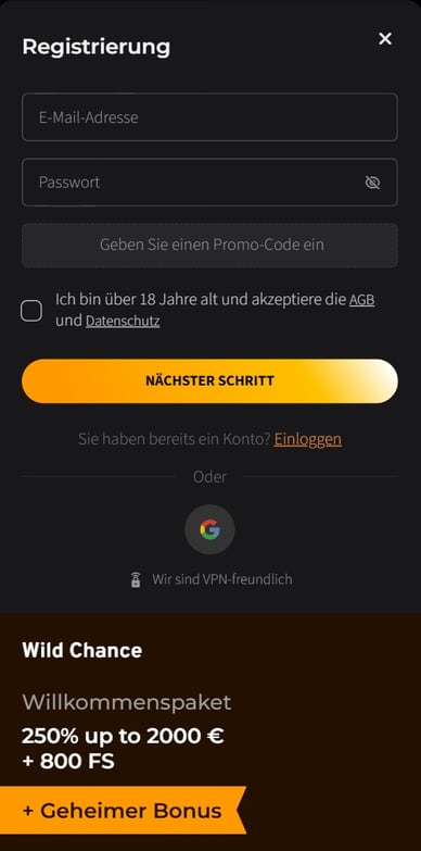 Anmeldung Casino Registrierung WildChance Casino