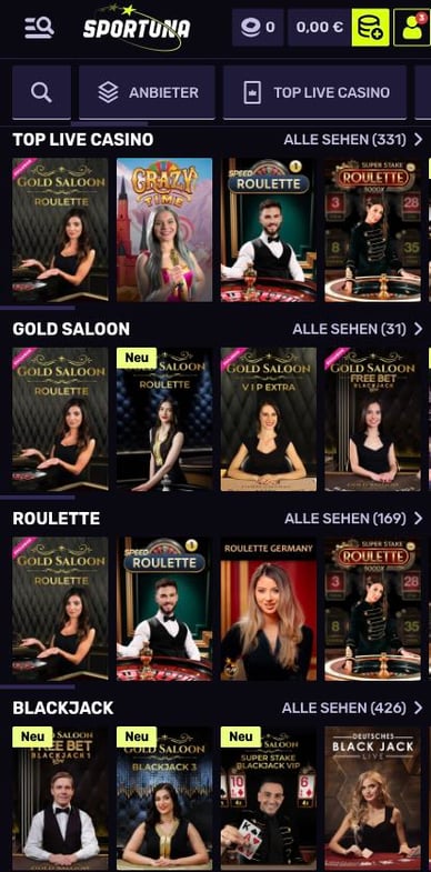 Live Casino Spiele mit Croupiers Sportuna Live Casino