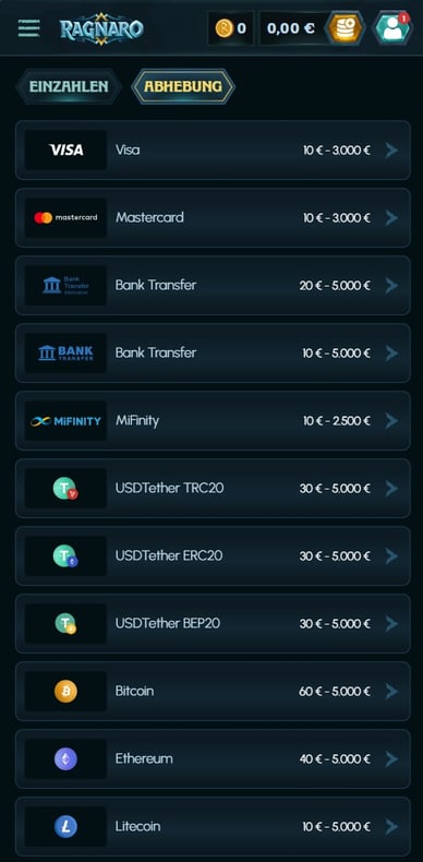 Ragnaro Casino DE Auszahlungsmethoden