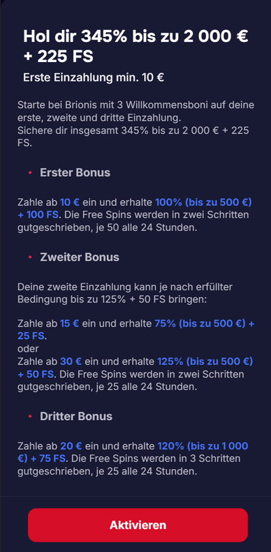 Willkommensbonus Online Casino Willkommenspaket Brionis-Casino