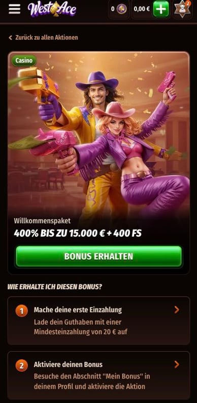 Willkommensbonus im Casino Westace Online Casino Willkommenspaket Bonus