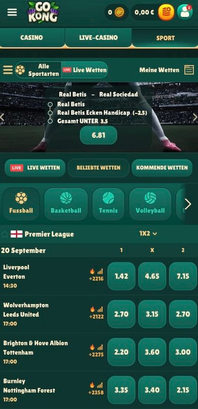 Sportwetten im Casino Go Kong Sportwetten