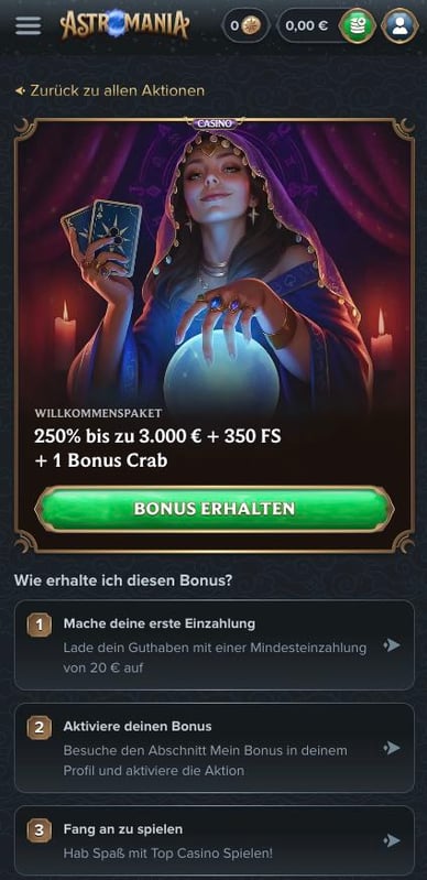 Willkommens-Bonus in Casino Willkommensbonus von Astro Mania Casino