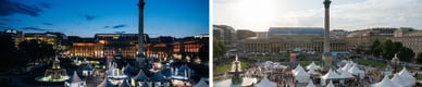 Zwei Ansichten des Schlossplatzes in Stuttgart während des Jazz Open: ein nächtliches Panorama mit beleuchteten weißen Zelten und dem warmen Licht der Gebäude sowie eine Tagesansicht mit Springbrunnen und Festivalbesuchern