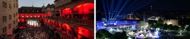 Zwei Ansichten der Veranstaltungsorte des Jazz Open Stuttgart: ein Konzert im Arkadenhof des Alten Schlosses mit rot beleuchteten Arkaden und einem überfüllten Saal sowie ein nächtliches Panorama des Schlossplatzes mit blauen Scheinwerferstrahlen über der Stadt
