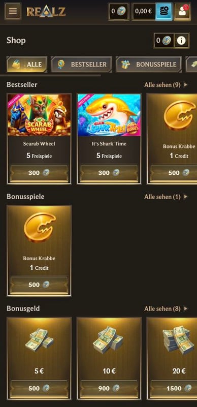 Shop im Online Casino Realz-Casino Shop