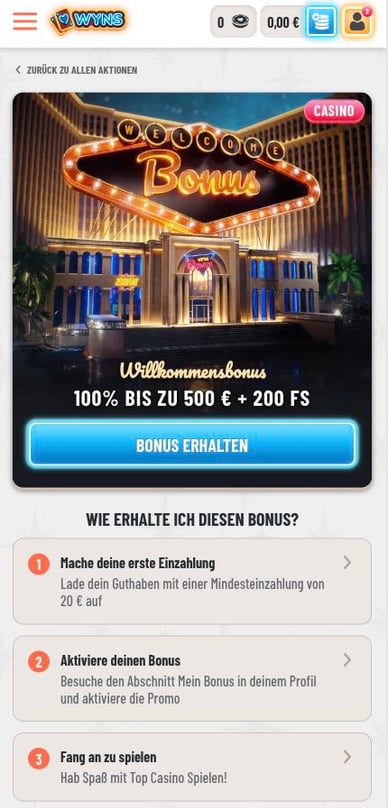 Willkommensangebot in Casino Wyns Online Casino Willkommensbonus