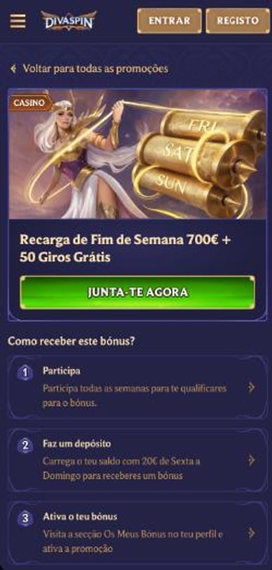 Bónus por depósitos no casino Bónus sem depósito DivaSpin