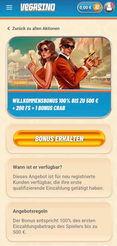 Vegasino Online Casino Willkommensbonus