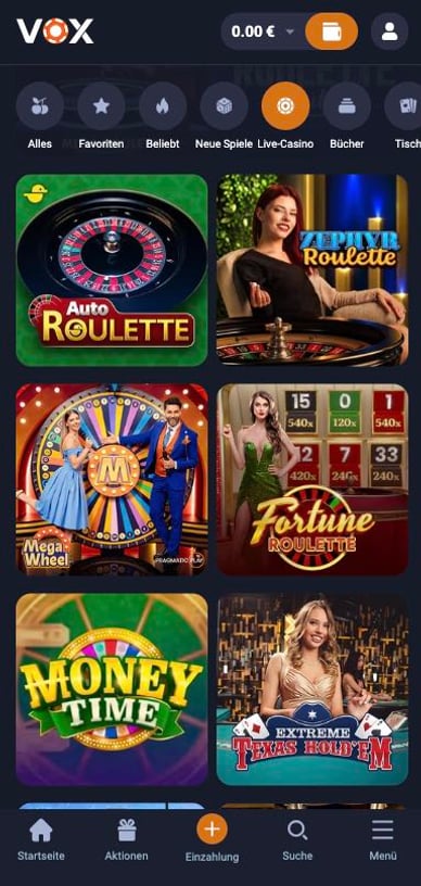 Live-Casino Vox Casino mit Live Spiele
