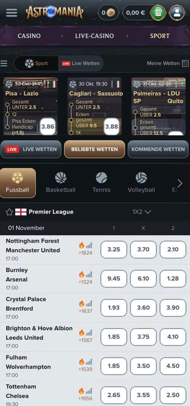 Sportwetten in Casino Sport und virtueller Sport in Astromania