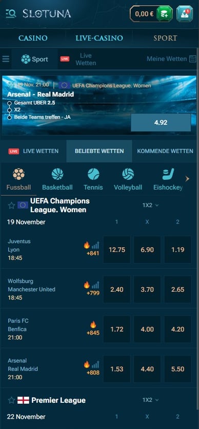 Sportwetten-Sektion Casino Sportwetten in Slotuna Casino Online