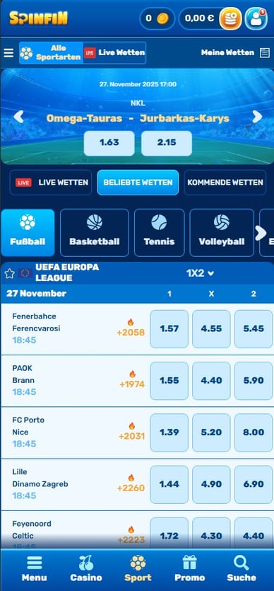 Sportwetten-Sektion Casino Sportwetten in Online Casino Spinfin