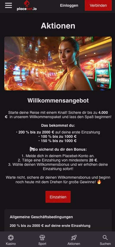 Willkommenspaket in Casino Casino Placebet Willkommensbonus