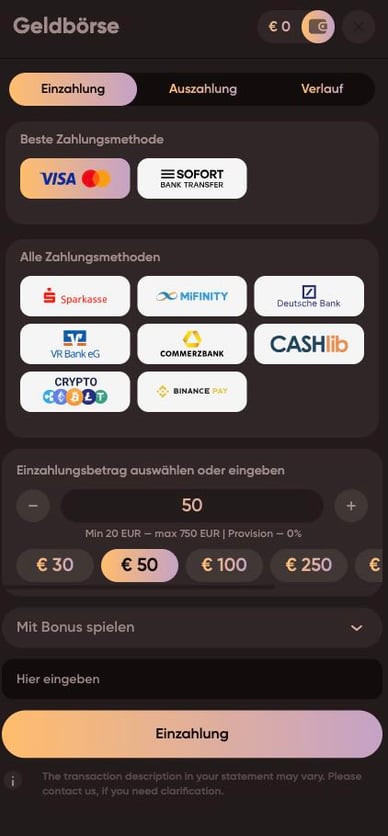 Bereich „Einzahlung” im Casino Einzahlungen Online Casino Ludios io
