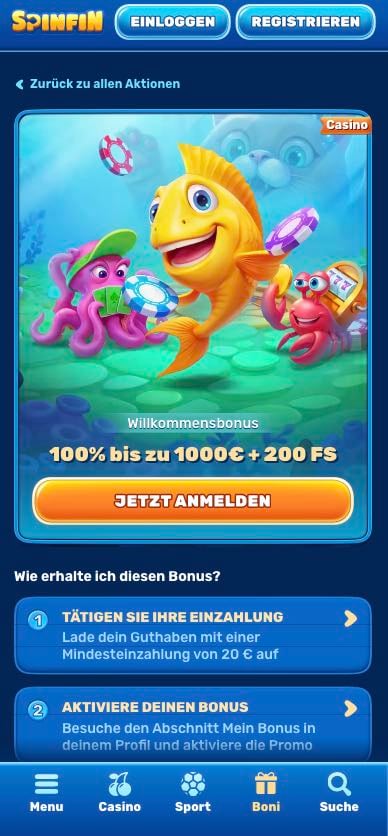 Spinfin Casino Willkommensbonus 