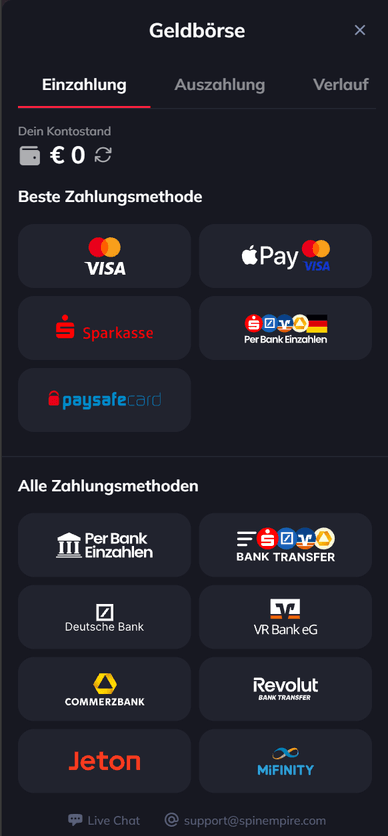 Einzahlung im Casino Einzahlung im SpinEmpireCasino