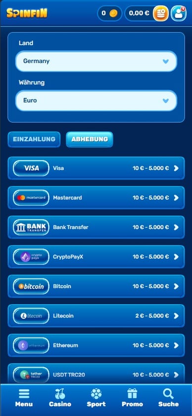Auszahlungsmethoden Casino Auszahlung im Spinfin Online Casino