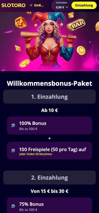 Willkommensbonus im Casino Slotoro-Casino Willkommensangebote