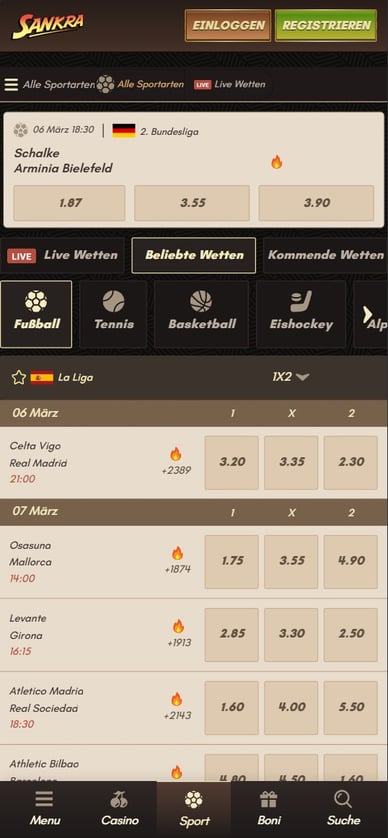 Sportwetten-Bereich im Casino Sankra Casino Online Sportwetten