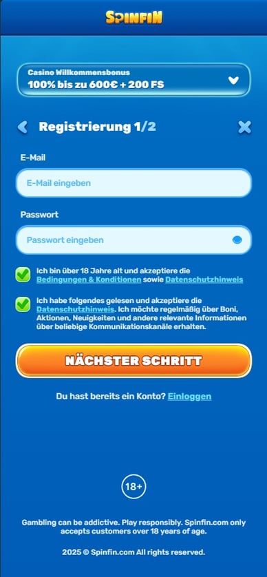 Casino REgistrierung Spinfin Casino Anmeldung