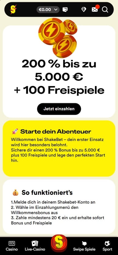 Shakebet Online Casino Willkommensbonus