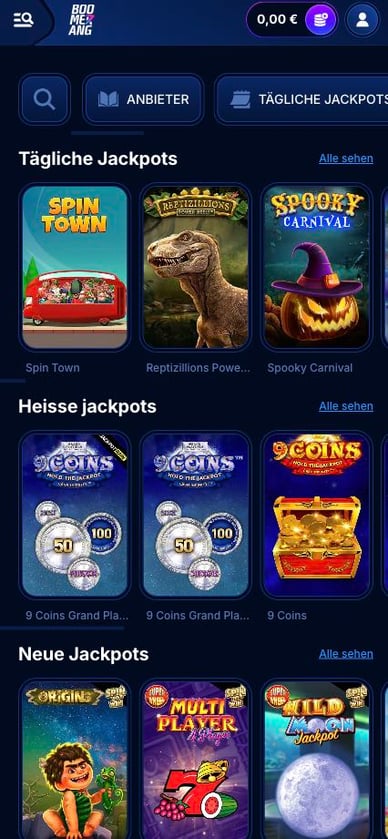 Jackpot-Spiele in Boomerang-Bet