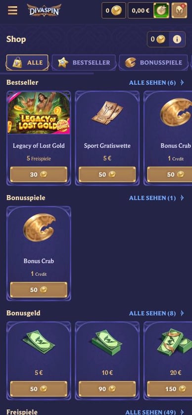 Bonus Shop im Casino Diva Spin Casino Bonus Shop
