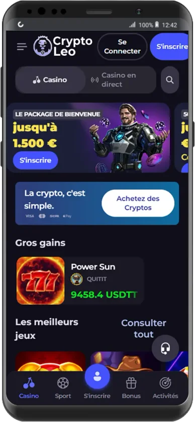 La page d'accueil mobile de CryptoLeo Casino.