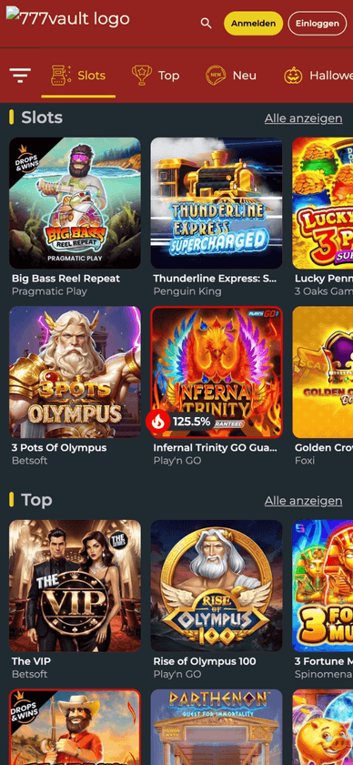Auswahl an Online-Glücksspielen bei 777 Vault