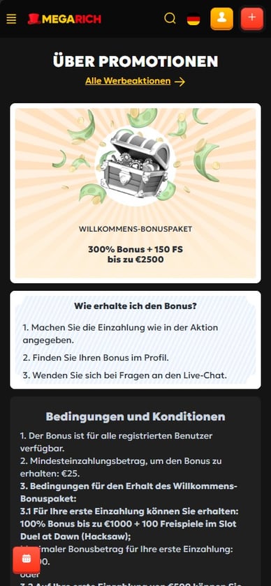 Willkommensangebot Casino Willkommensbonus Megarich-Casino