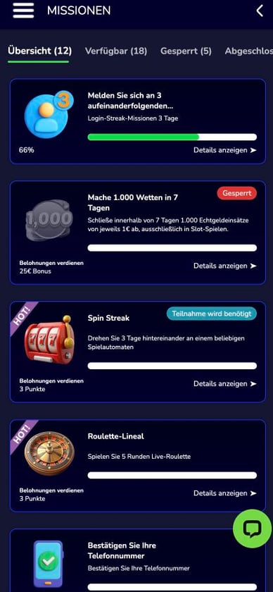 Missionen in Spinoloco Online Casino